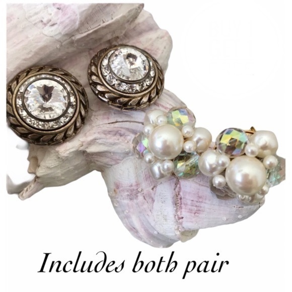 VINTAGE Pearl/CZ Clip On Earrings 2 Set Bundle - Picture 1 of 8
